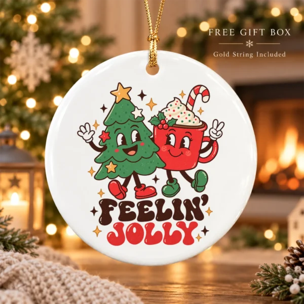 Feelin' Jolly Christmas Ornament with Cute Tree and Cocoa Mug — alternate product mockup tree and cocoa ornament mug mockup view