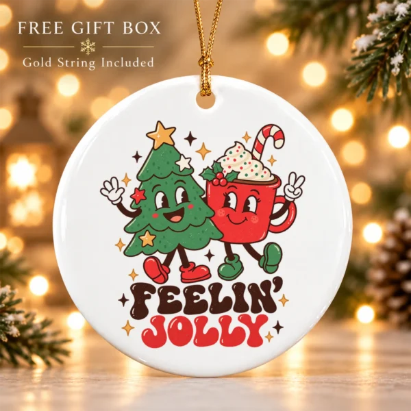Feelin' Jolly Christmas Ornament with Cute Tree and Cocoa Mug — alternate product mockup tree and cocoa ornament mug product photo