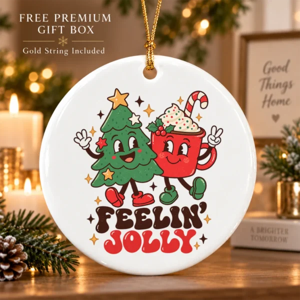 Feelin' Jolly Christmas Ornament with Cute Tree and Cocoa Mug — alternate product mockup tree and cocoa ornament mug styled product photo
