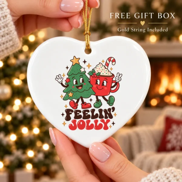 Feelin' Jolly Christmas Ornament with Cute Tree and Cocoa Mug — alternate product mockup tree and cocoa ornament mug product photo