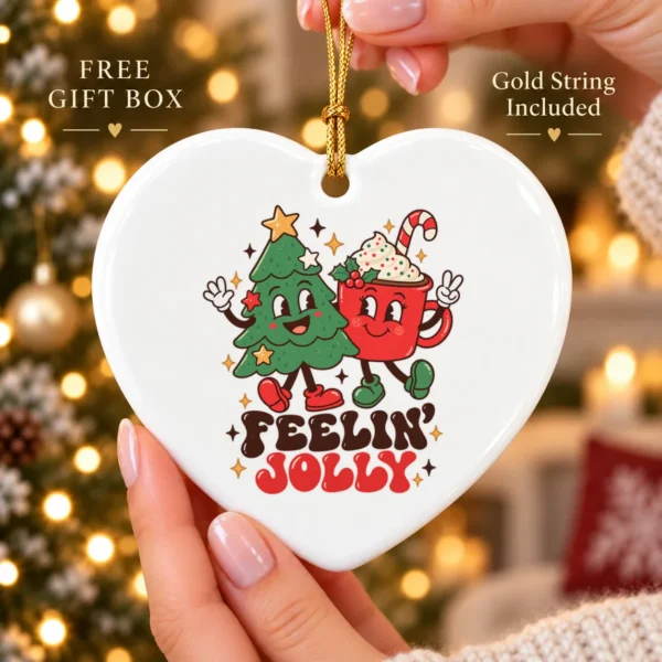 Feelin' Jolly Christmas Ornament with Cute Tree and Cocoa Mug — alternate product mockup tree and cocoa ornament mug product photo