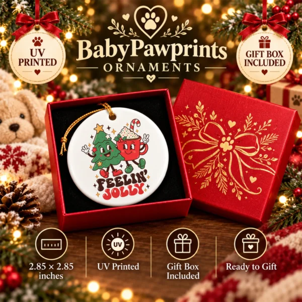 Feelin' Jolly Christmas Ornament with Cute Tree and Cocoa Mug — alternate product mockup tree and cocoa ornament mug product photo