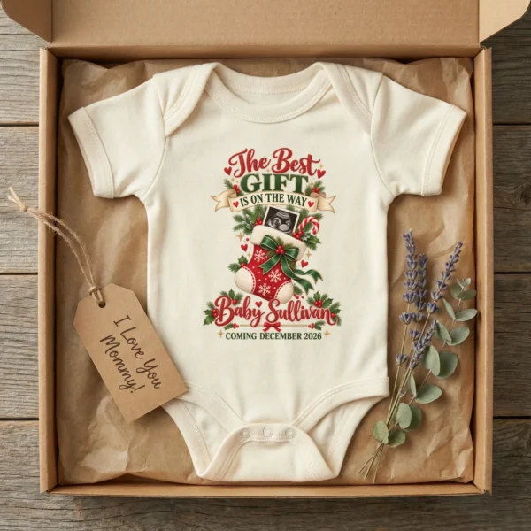Ultrasound Christmas Pregnancy Announcement Personalized Baby Bodysuit — baby bodysuit mockup ultrasound christmas pregnancy announcement personalized baby bodysuit product photo