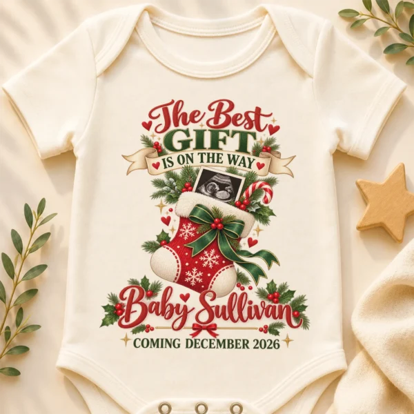 Ultrasound Christmas Pregnancy Announcement Personalized Baby Bodysuit — baby bodysuit mockup ultrasound christmas pregnancy announcement personalized baby bodysuit close-up detail