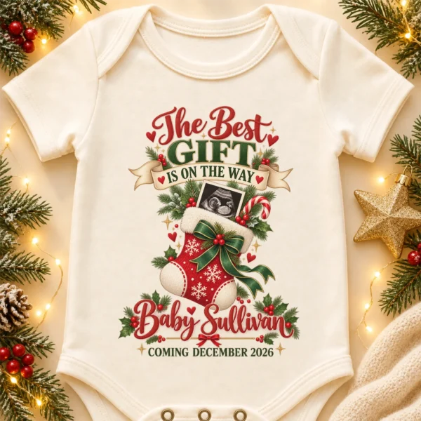 Ultrasound Christmas Pregnancy Announcement Personalized Baby Bodysuit — product mockup ultrasound christmas pregnancy announcement personalized baby bodysuit front view