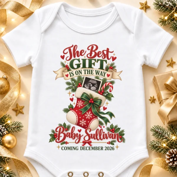 Ultrasound Christmas Pregnancy Announcement Personalized Baby Bodysuit — alternate product mockup ultrasound christmas pregnancy announcement personalized baby bodysuit close-up detail