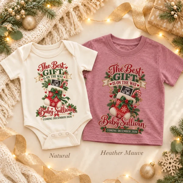 Ultrasound Christmas Pregnancy Announcement Personalized Baby Bodysuit — toddler shirt mockup ultrasound christmas pregnancy announcement personalized baby bodysuit styled product photo