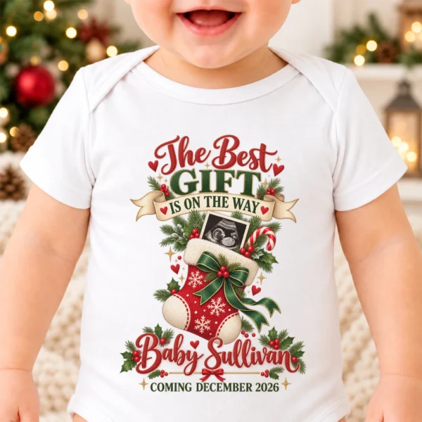 Ultrasound Christmas Pregnancy Announcement Personalized Baby Bodysuit — alternate product mockup ultrasound christmas pregnancy announcement personalized baby bodysuit product photo