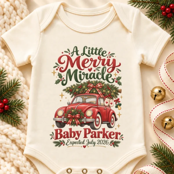Vintage Car Christmas Pregnancy Announcement Custom Baby Bodysuit — alternate product mockup vintage car christmas pregnancy announcement custom baby bodysuit alternate angle