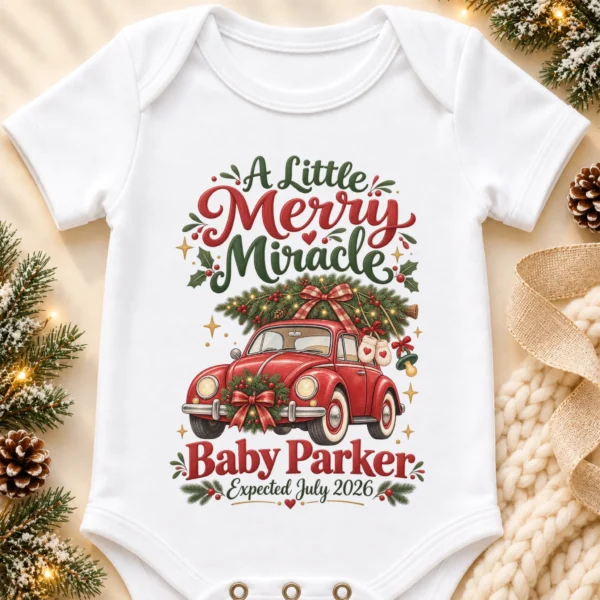Vintage Car Christmas Pregnancy Announcement Custom Baby Bodysuit — alternate product mockup vintage car christmas pregnancy announcement custom baby bodysuit product photo