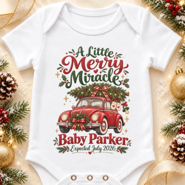 Vintage Car Christmas Pregnancy Announcement Custom Baby Bodysuit — alternate product mockup vintage car christmas pregnancy announcement custom baby bodysuit product photo
