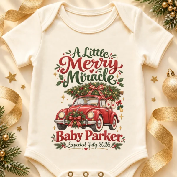 Vintage Car Christmas Pregnancy Announcement Custom Baby Bodysuit — alternate product mockup vintage car christmas pregnancy announcement custom baby bodysuit lifestyle scene