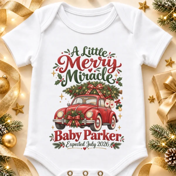 Vintage Car Christmas Pregnancy Announcement Custom Baby Bodysuit — alternate product mockup vintage car christmas pregnancy announcement custom baby bodysuit product photo