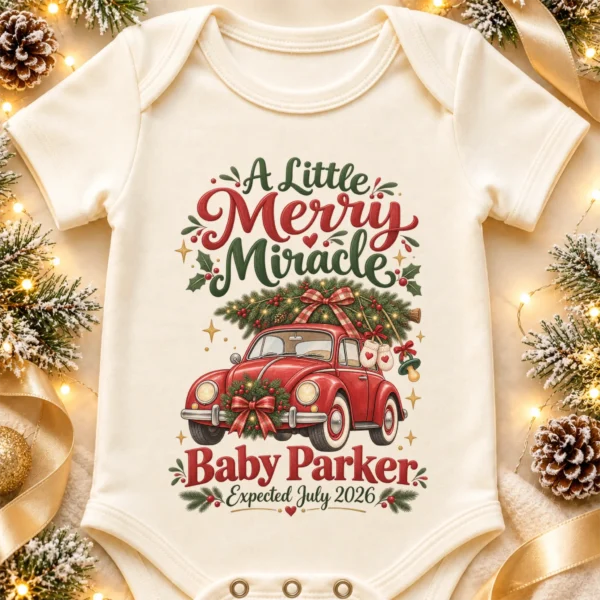 Vintage Car Christmas Pregnancy Announcement Custom Baby Bodysuit — alternate product mockup vintage car christmas pregnancy announcement custom baby bodysuit styled product photo