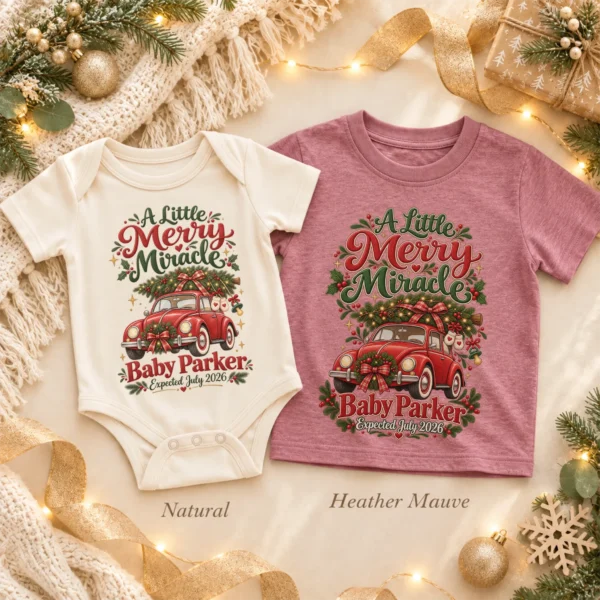 Vintage Car Christmas Pregnancy Announcement Custom Baby Bodysuit — toddler shirt mockup vintage car christmas pregnancy announcement custom baby bodysuit product photo