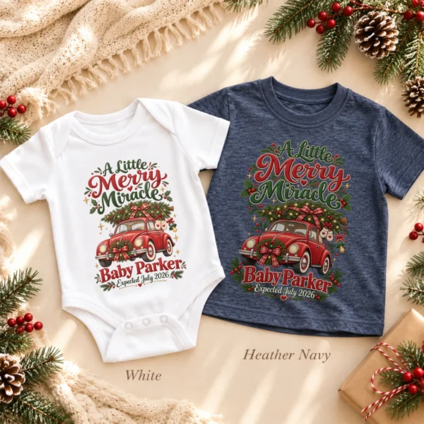 Vintage Car Christmas Pregnancy Announcement Custom Baby Bodysuit — toddler shirt mockup vintage car christmas pregnancy announcement custom baby bodysuit product photo