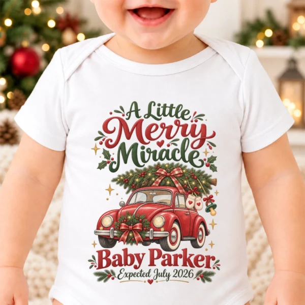 Vintage Car Christmas Pregnancy Announcement Custom Baby Bodysuit — product mockup vintage car christmas pregnancy announcement custom baby bodysuit front view
